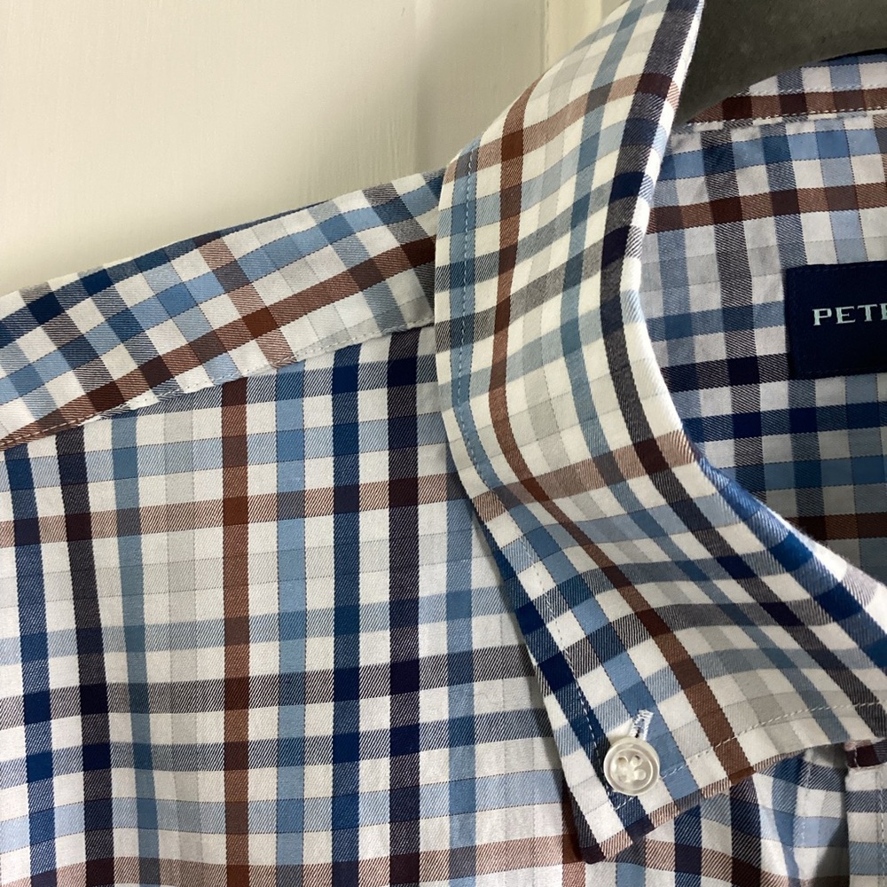 Peter Millar Men's Blue and Brown Checkered Shirt